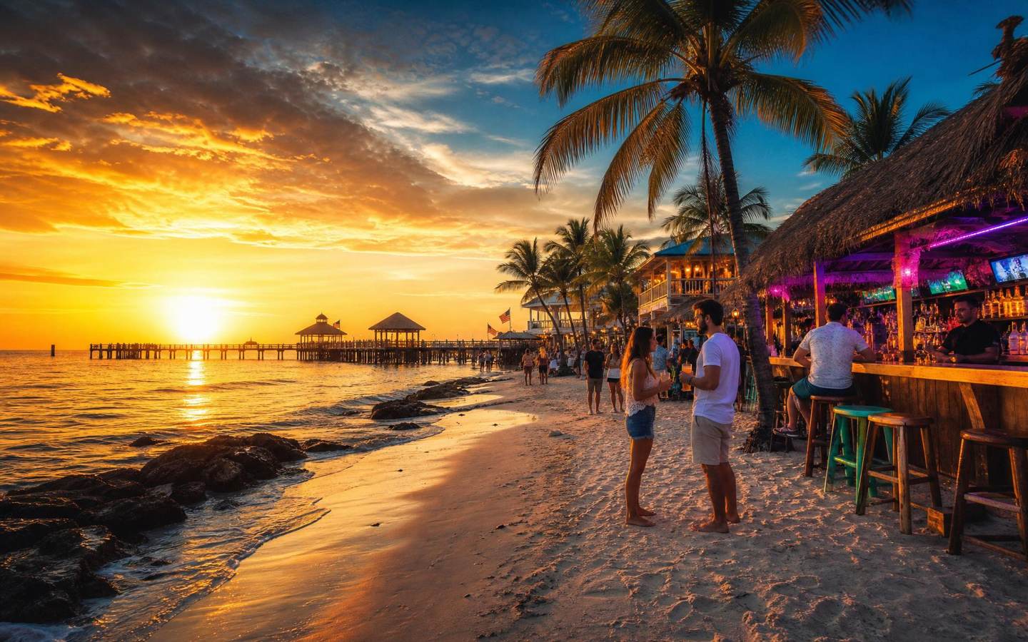 Pinellas County Gulf beach bar at golden-hour sunset