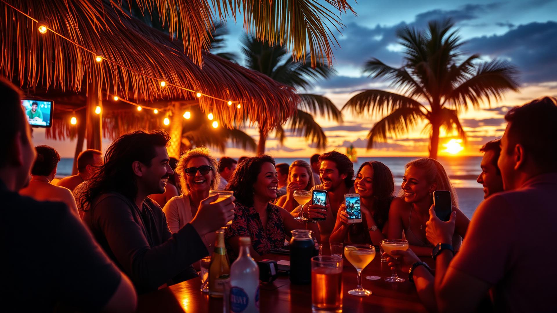 Locals laughing at a Pinellas beach bar at sunset