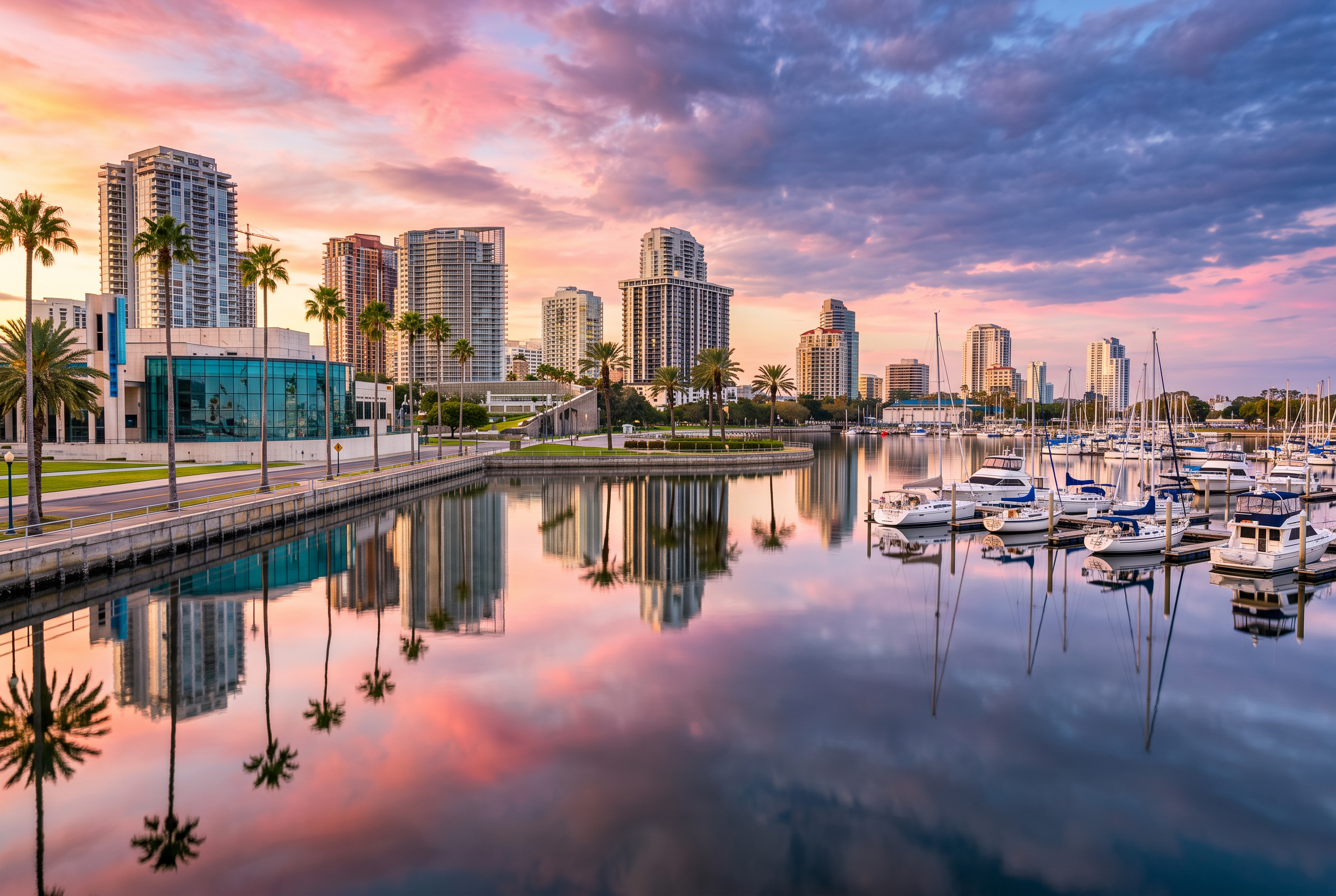 St. Petersburg downtown skyline reflected in the marina at sunset
