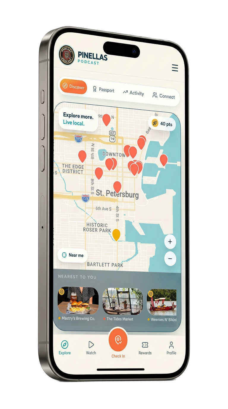 The Pinellas Explorer app on a phone showing a map check-in, AI-recommended local spots, points, and the Passport Card 10% off badge