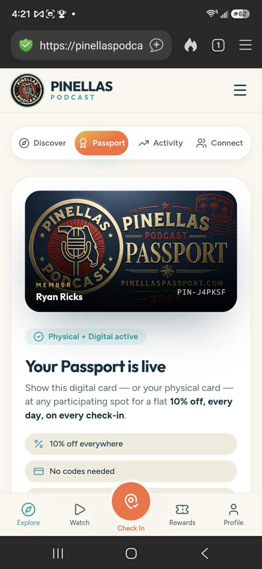 Pinellas Passport inside the Explorer app on a phone