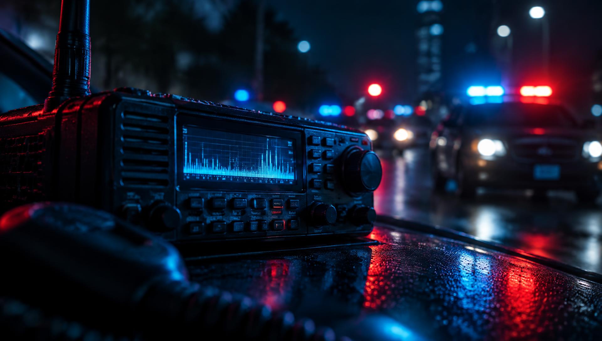 Police scanner radio glowing with blue and red emergency lights at night