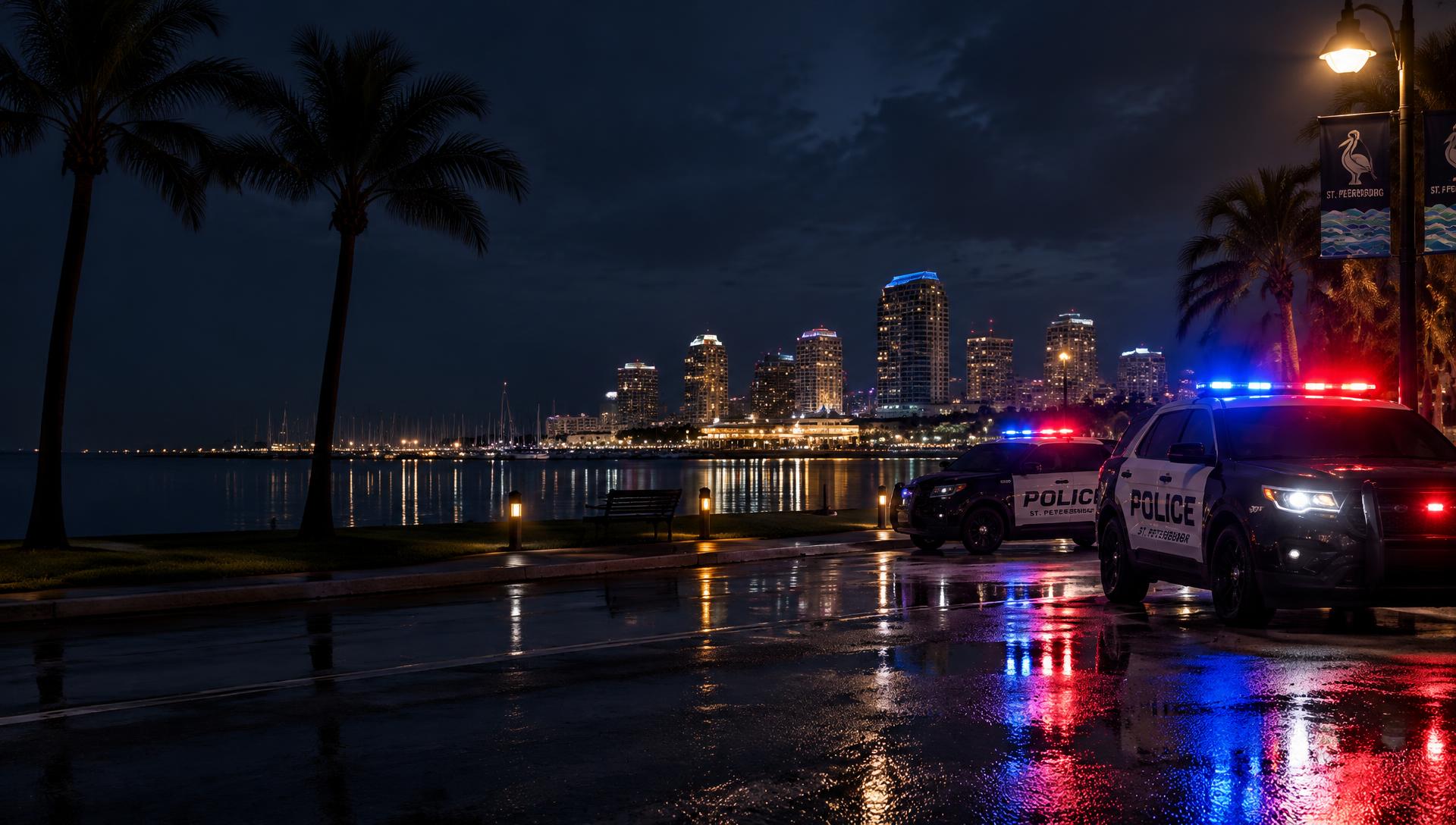 Police cruiser lights reflecting off a wet street in downtown St. Petersburg at night