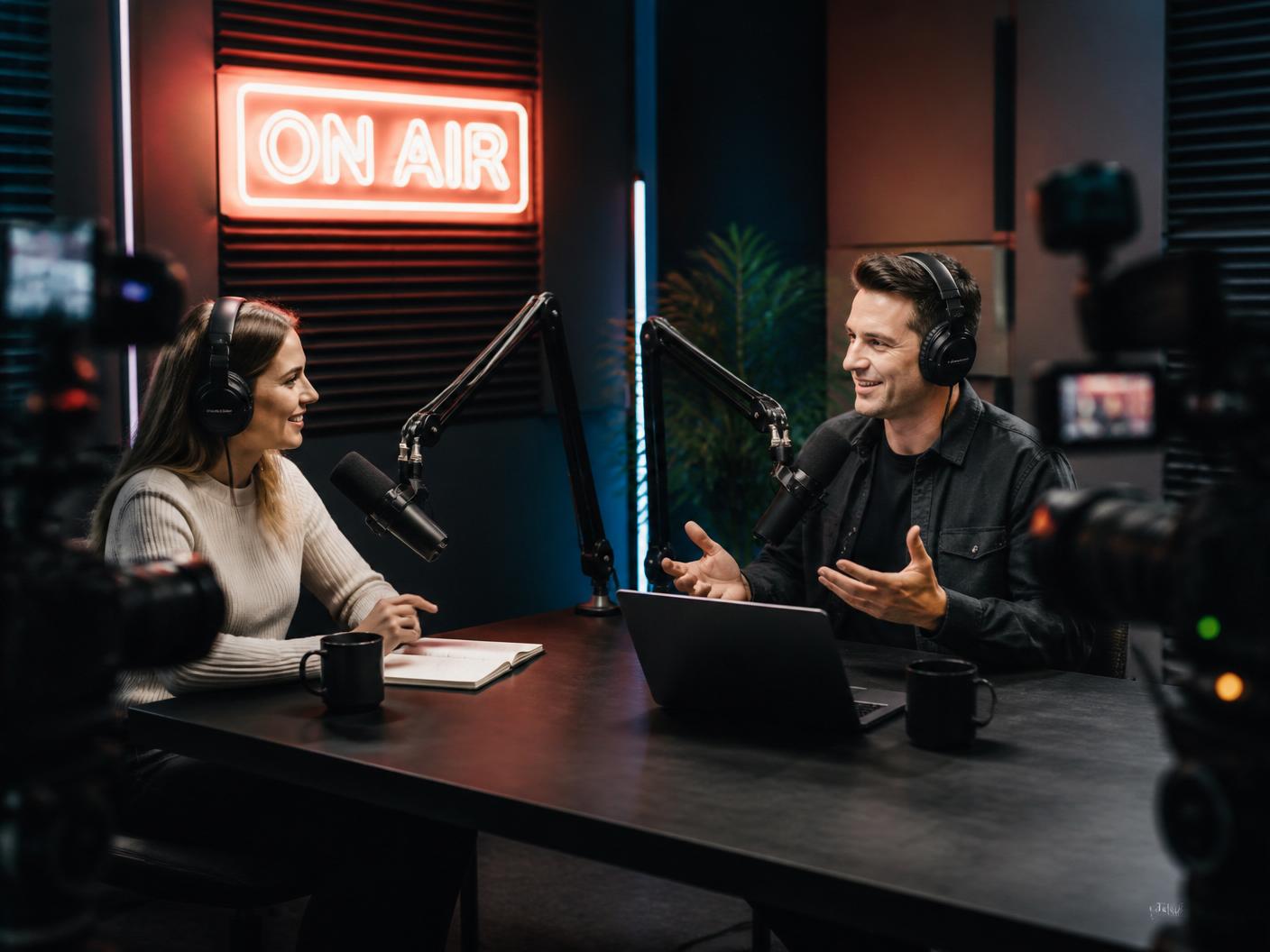 High-end podcast studio with hosts on air